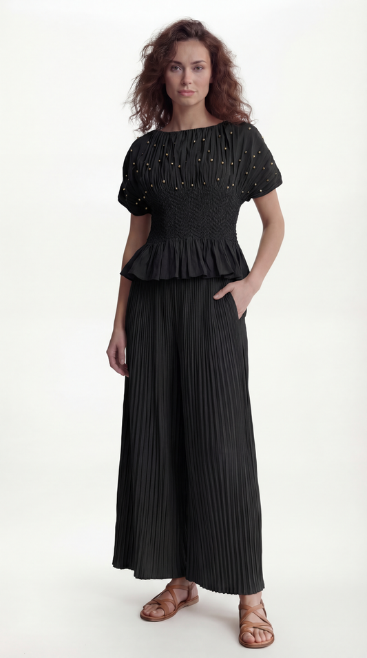 Pleated blouse top with pearls & Diamonds (Black)