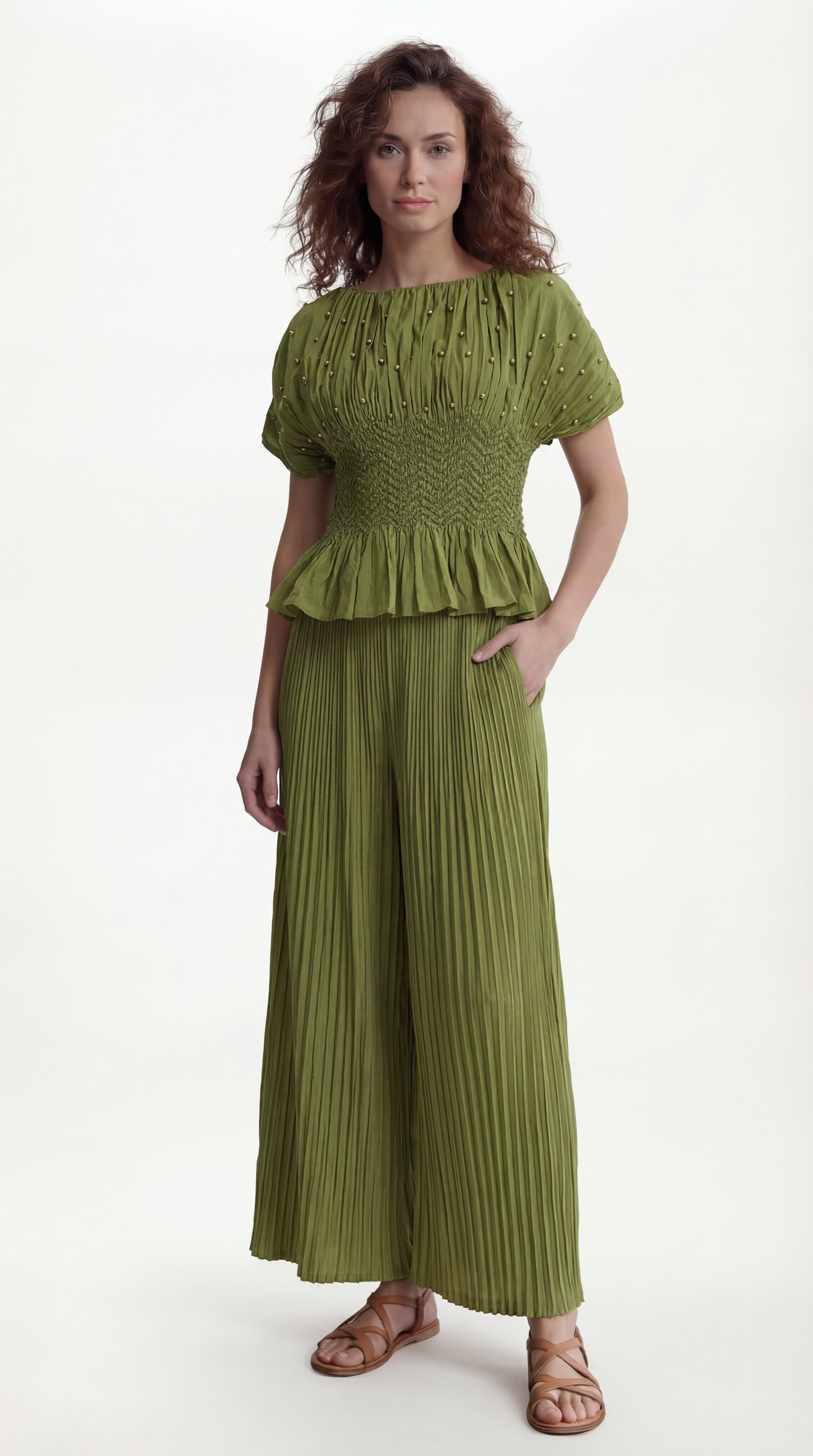 Pleated blouse top with pearls & Diamonds (Green)