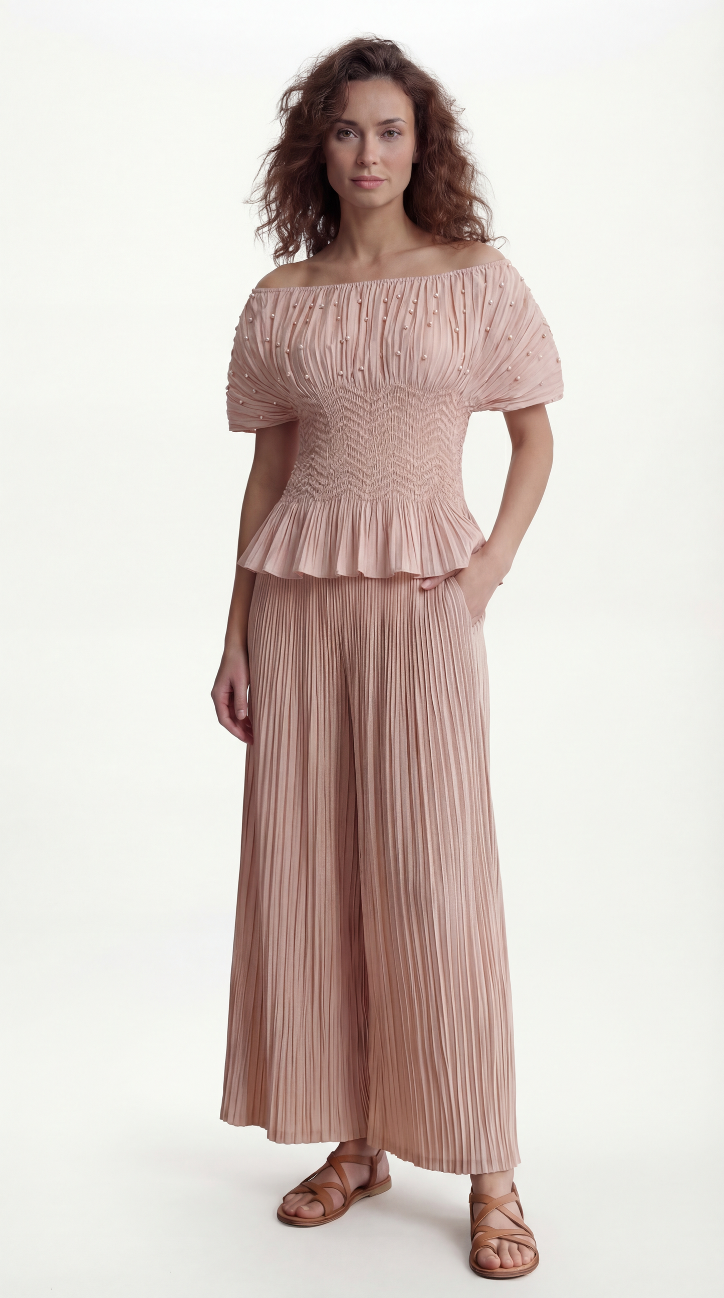 Pleated blouse top with pearls & Diamonds (Pink)