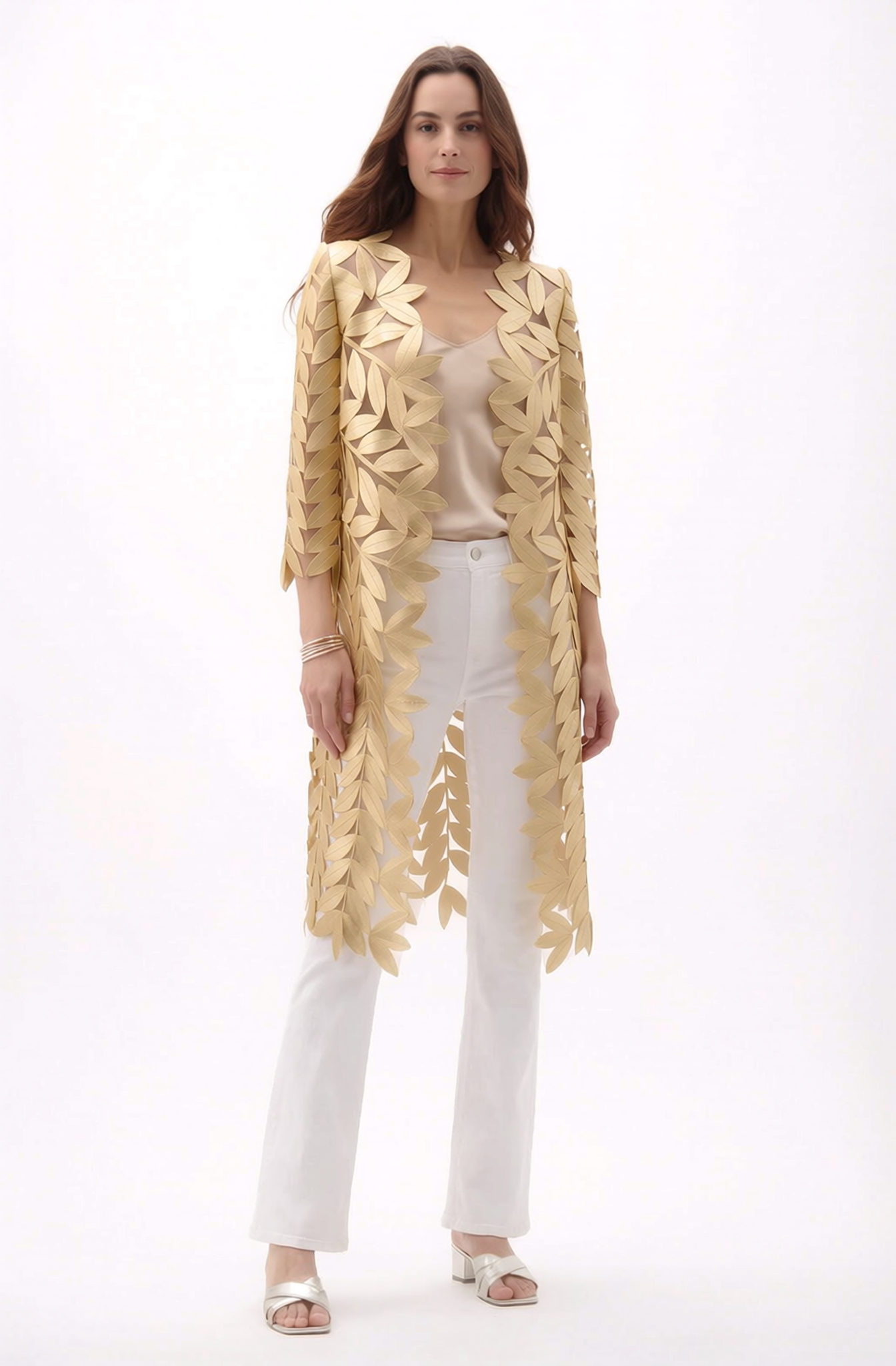 Faux Leather leaves long Jacket with 3/4 sleeves (Gold)