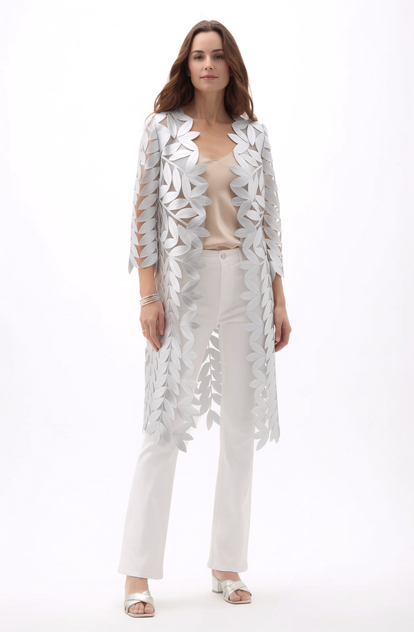 Faux Leather leaves long Jacket with 3/4 sleeves (Silver)