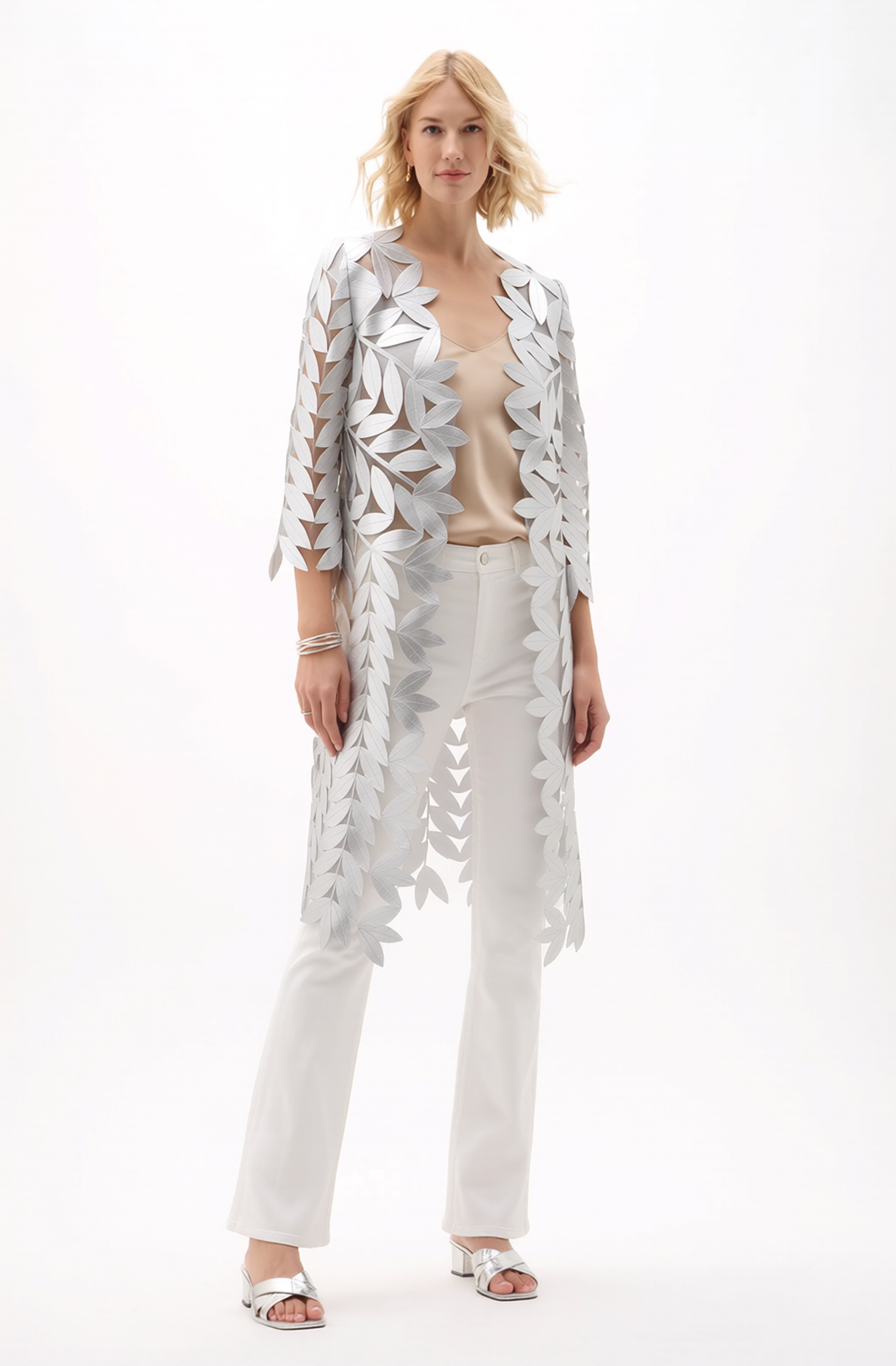 Faux Leather leaves long Jacket with 3/4 sleeves (Silver)