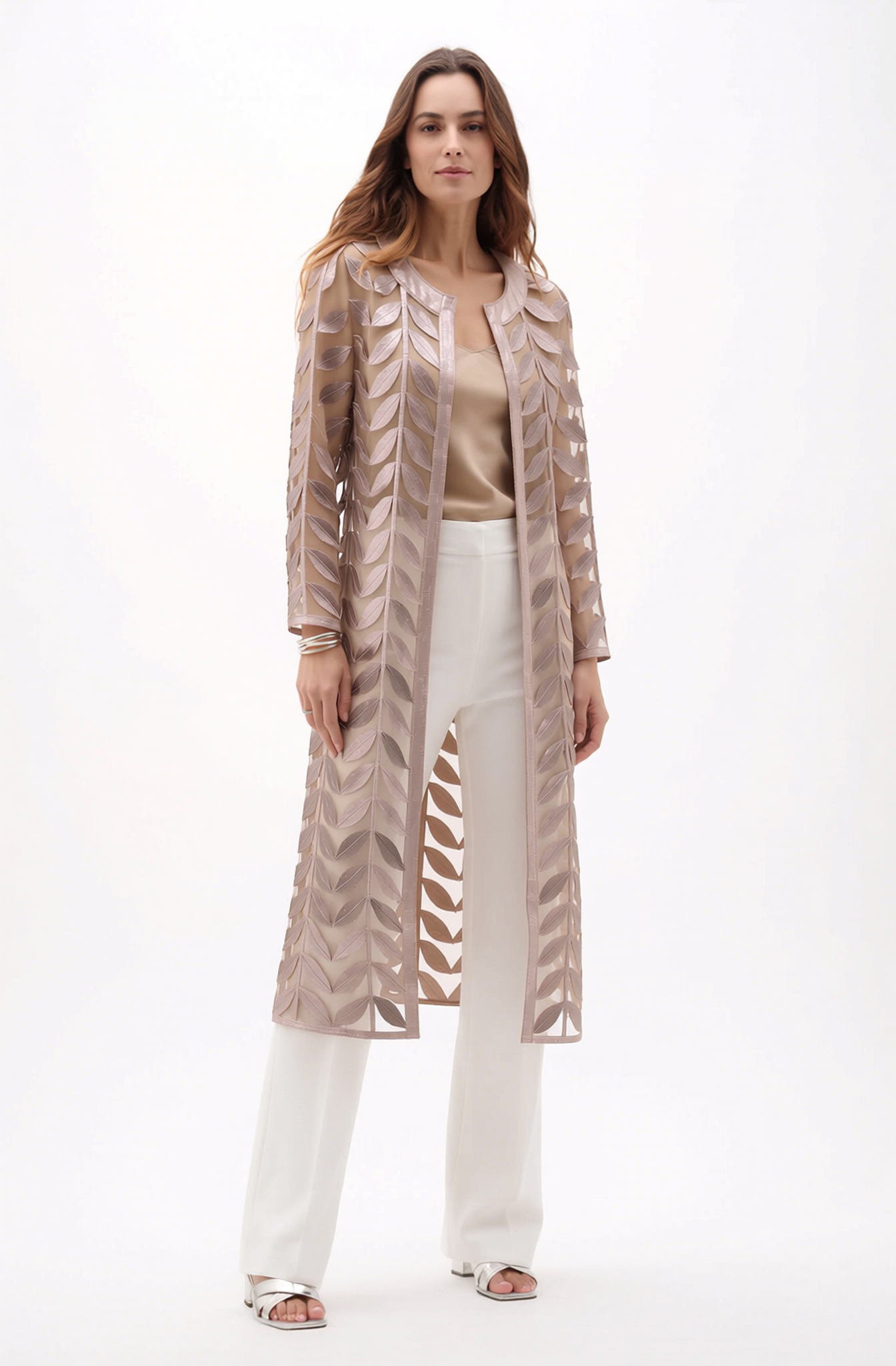Faux Leather leaves long Jacket with Full sleeves (Silvergun)