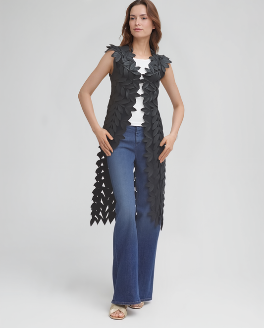 Faux Leather leaves long vest (Black)