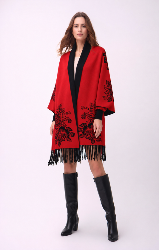 Reversible Peony Jacquard shawl with Arm Openings- Black/Red