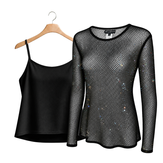 Diamond Mesh long sleeve top with matching Camisole (Black)