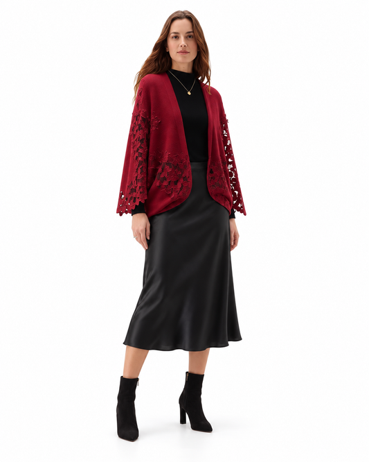 Floral Lace Insert Shimmer Knit Kimono - Wine