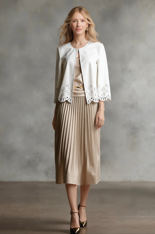 Faux Leather Laser cut butterfly short jacket (Cream)