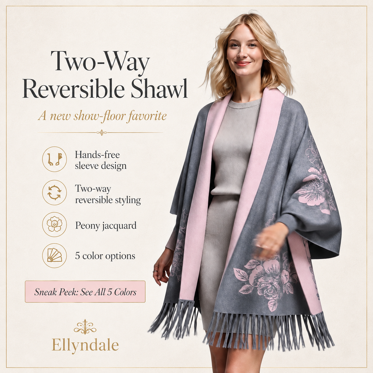 Reversible Peony Jacquard shawl with Arm Openings- Coffee/Sand