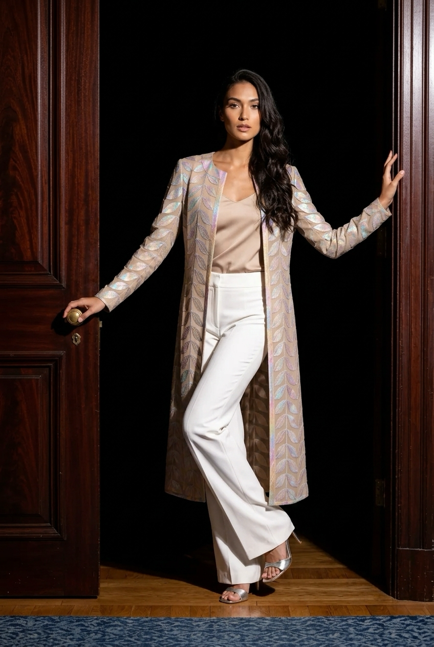 Faux Leather leaves long Jacket with Full sleeves (Laser Shine)