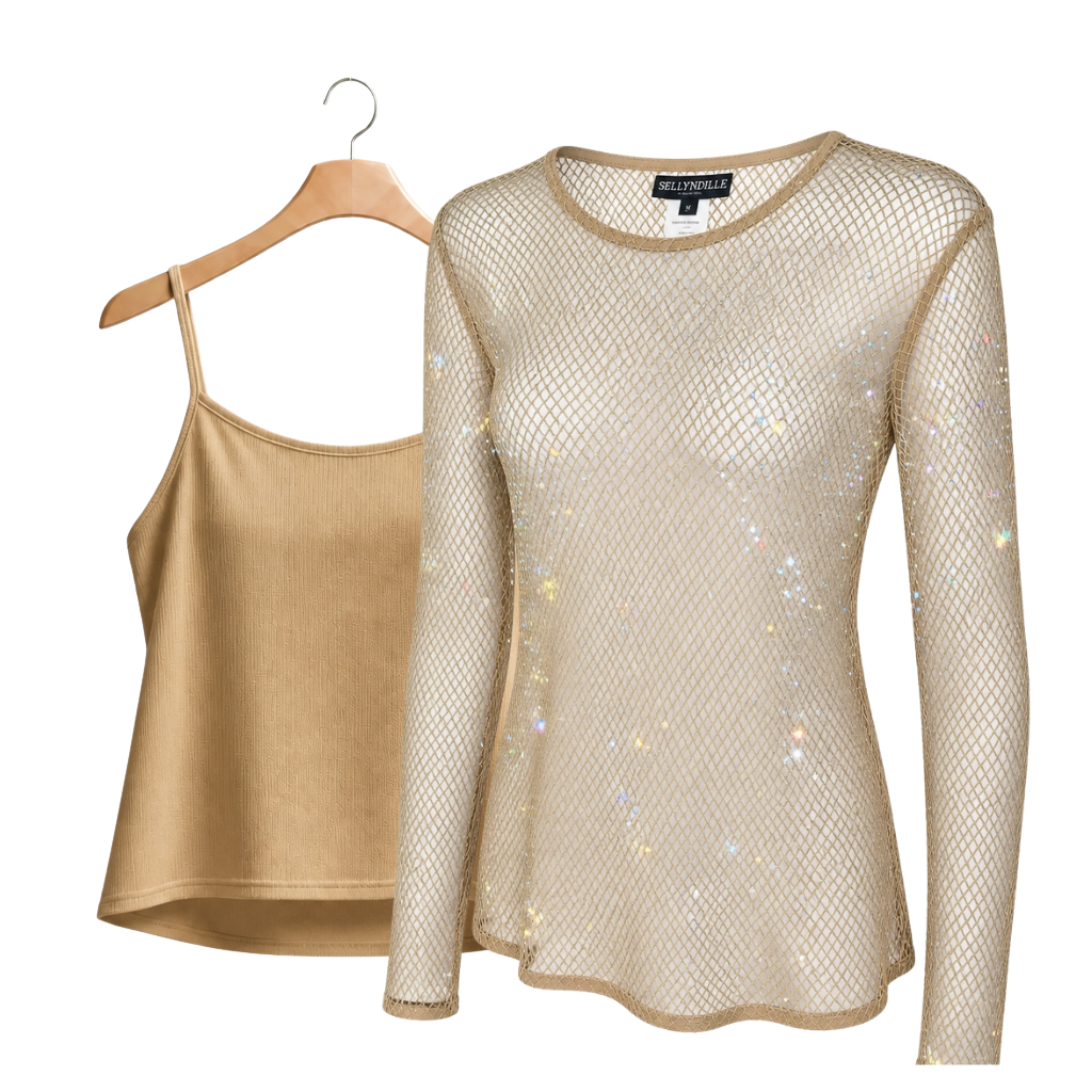 Diamond Mesh long sleeve top with matching Camisole (Mocha)