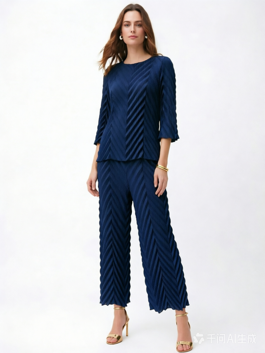 Pleating Pants with Pockets- Chevron Flow- Dark Blue