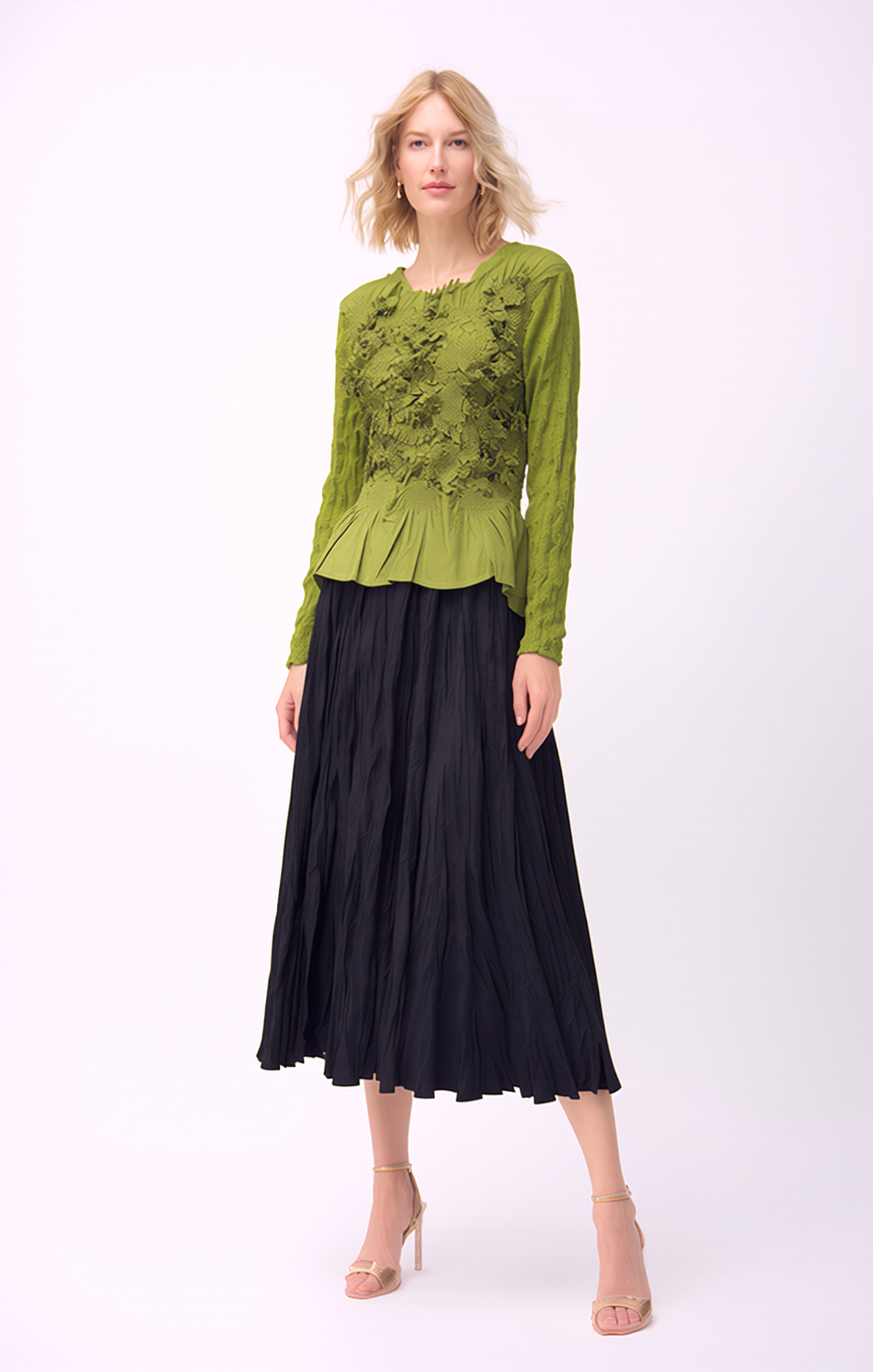 Pleated 3D flower L/S blouse ( Green )