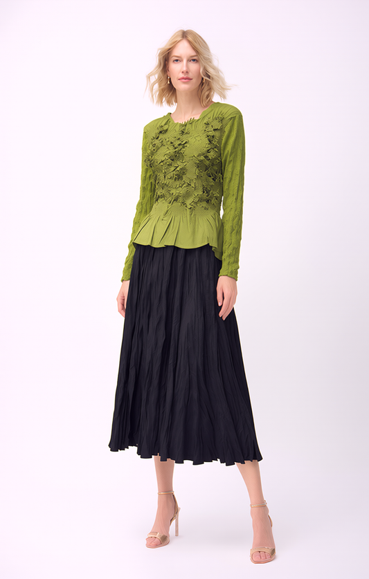 Pleated 3D flower L/S blouse ( Green )