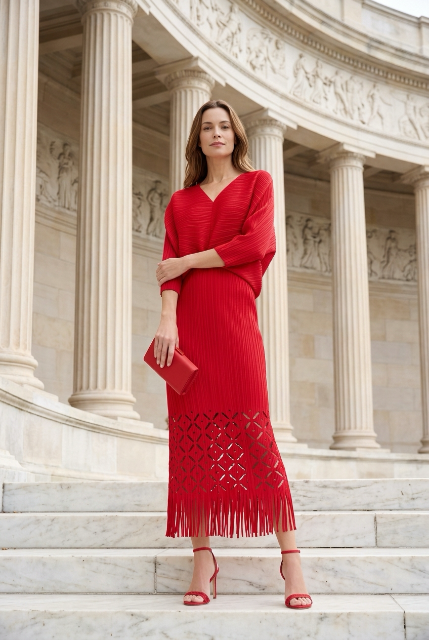 Ellyndale Pleated Cutout Dress with Fringe - Red