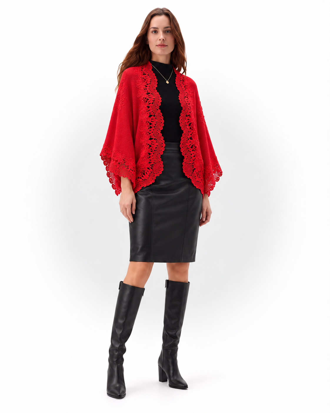 Soft Lurex Knit Shawl with Lace Trim and Arm Openings - Holiday Red