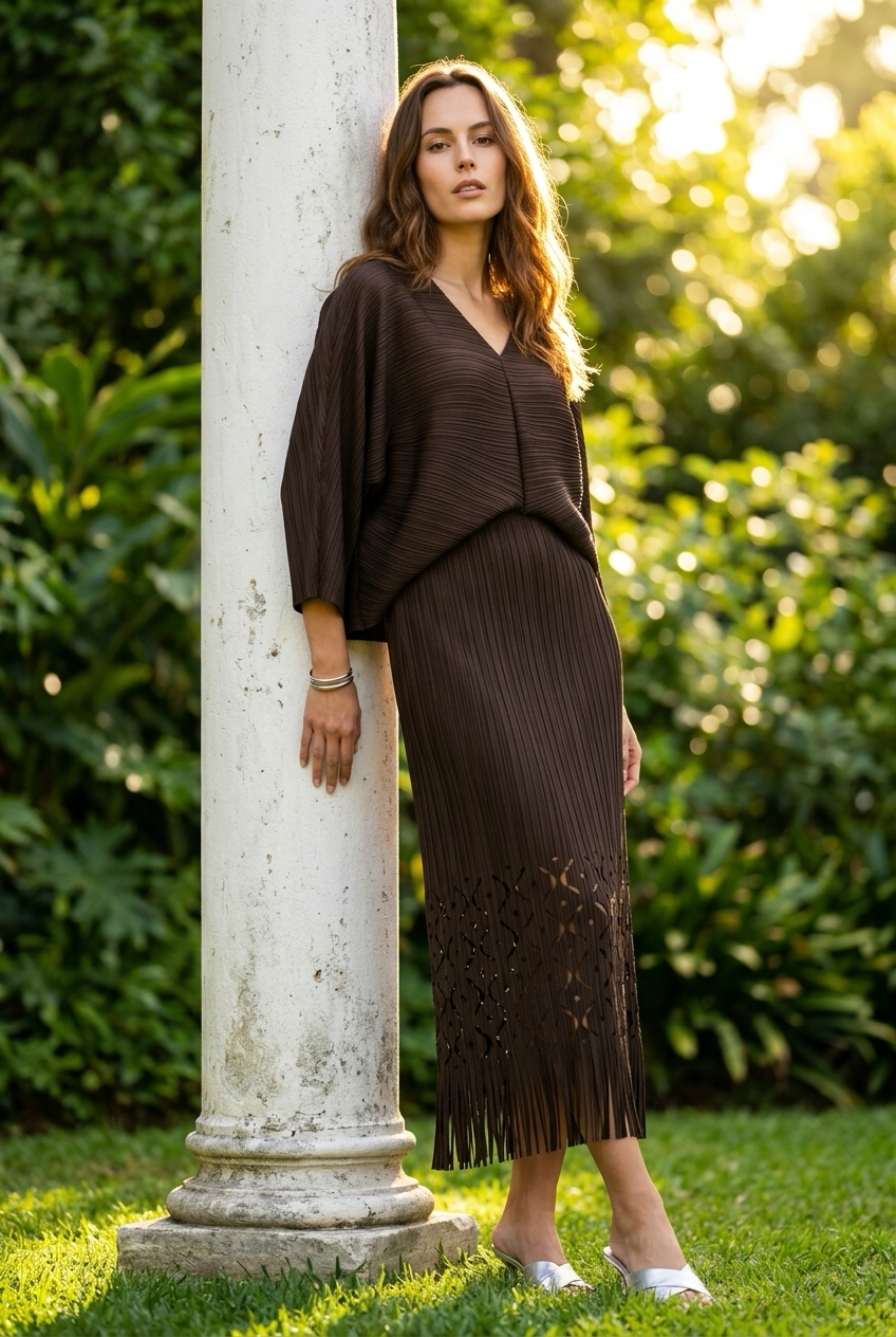 Ellyndale Pleated Cutout Dress with Fringe - Khaki