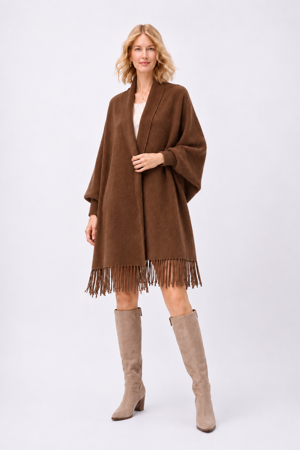 Soft Faux Mink Knit Shawl with Arm Openings - Camel
