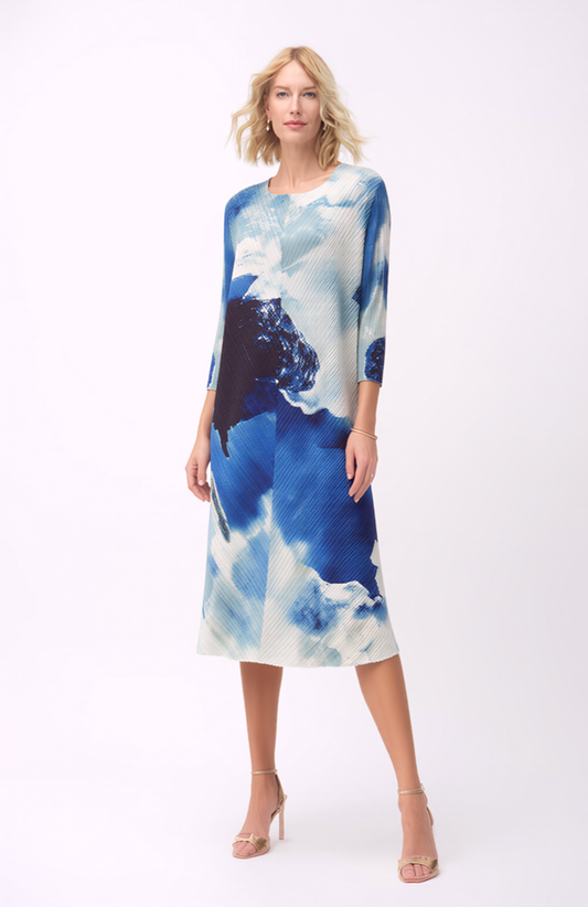 Pleated Long Sleeve printed Dress- Blue watercolor