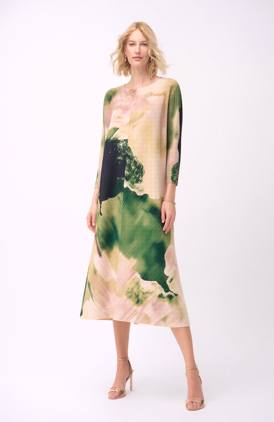 Pleated Long Sleeve printed Dress- Green watercolor