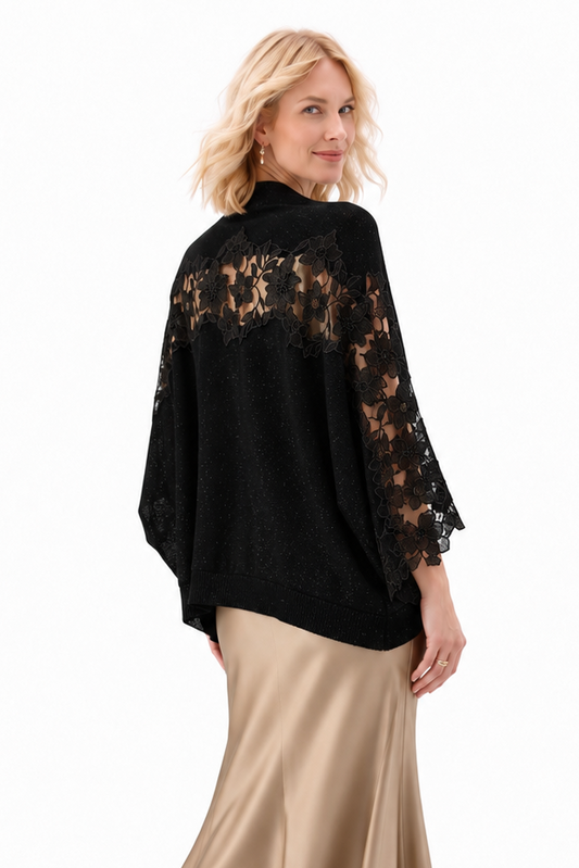 Floral Lace Insert Shimmer Knit Kimono - Black