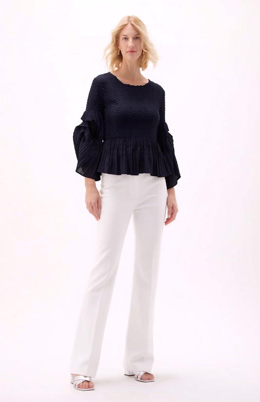 Pleated blouse top with flared sleeves & sweep (Black)