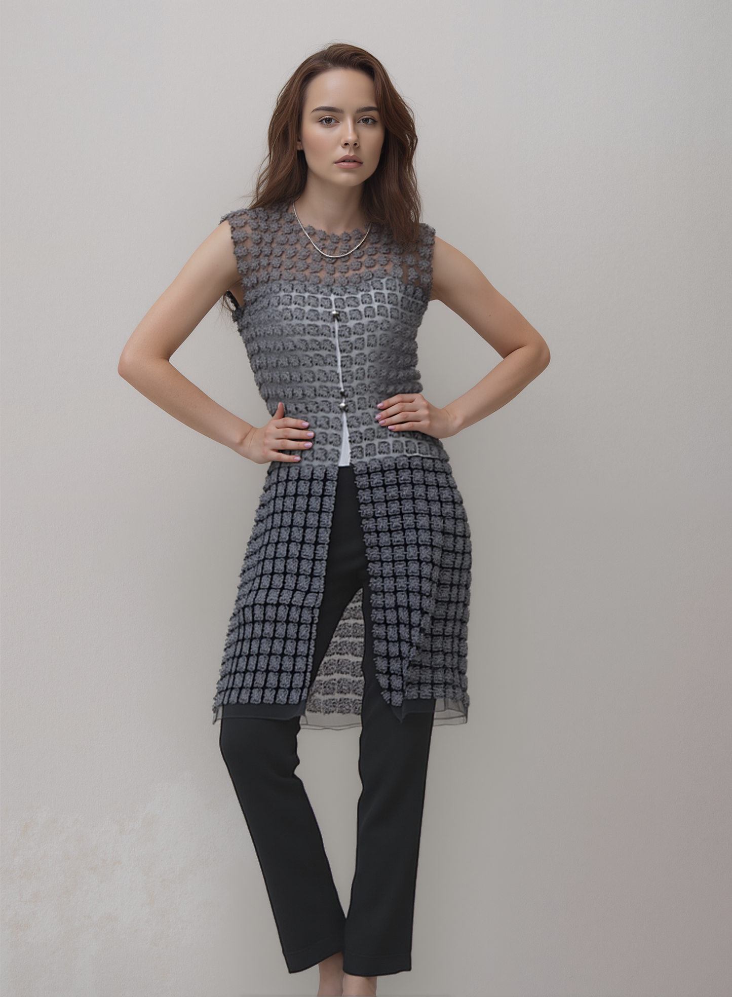 Lace Organza sleeveless Vest  (Black)