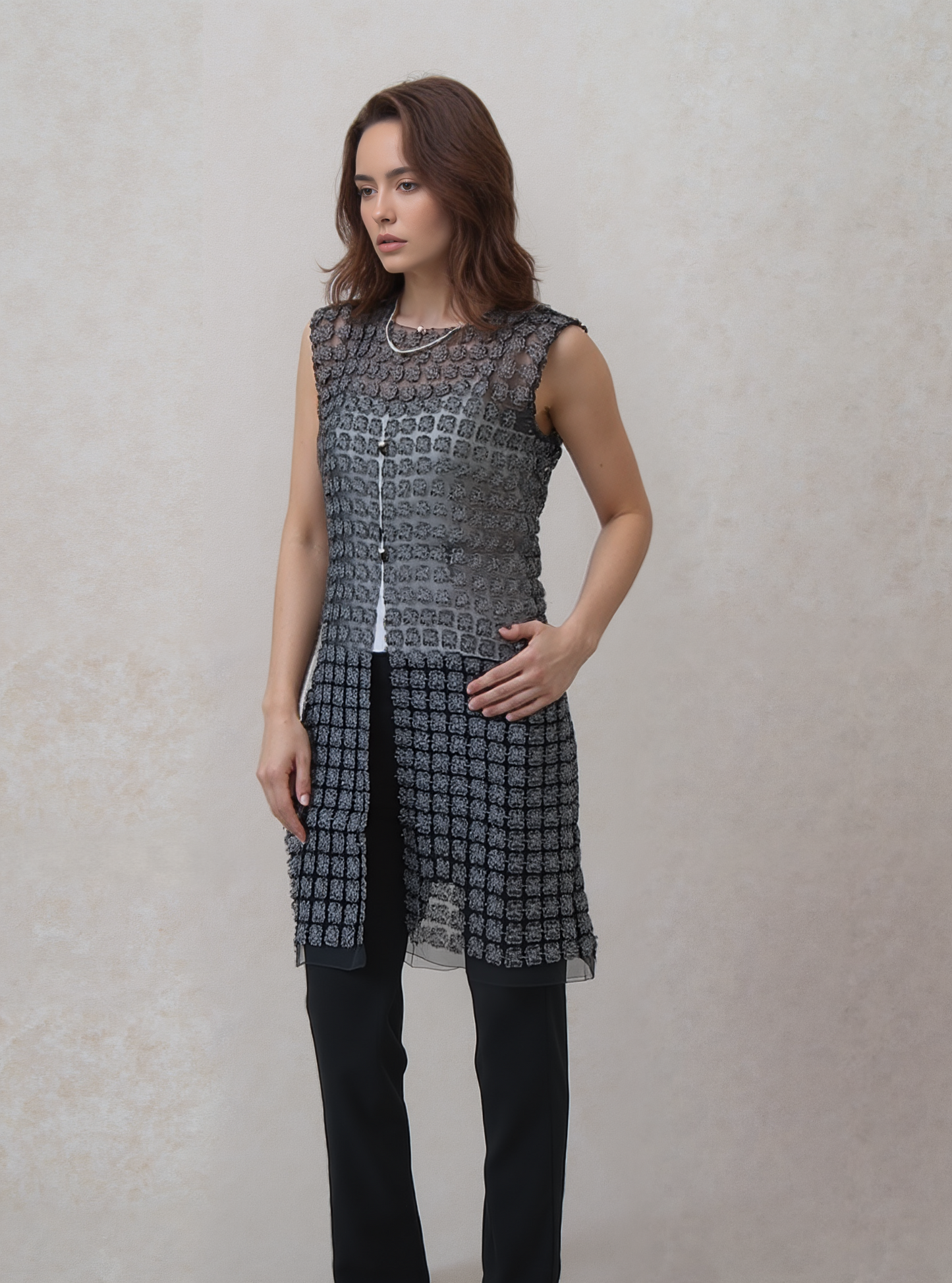 Lace Organza sleeveless Vest  (Black)