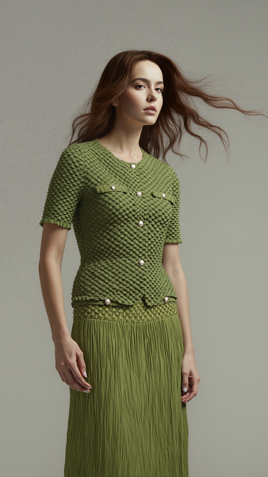 Pleated Chanel look mock jacket top with buttons ( Green)