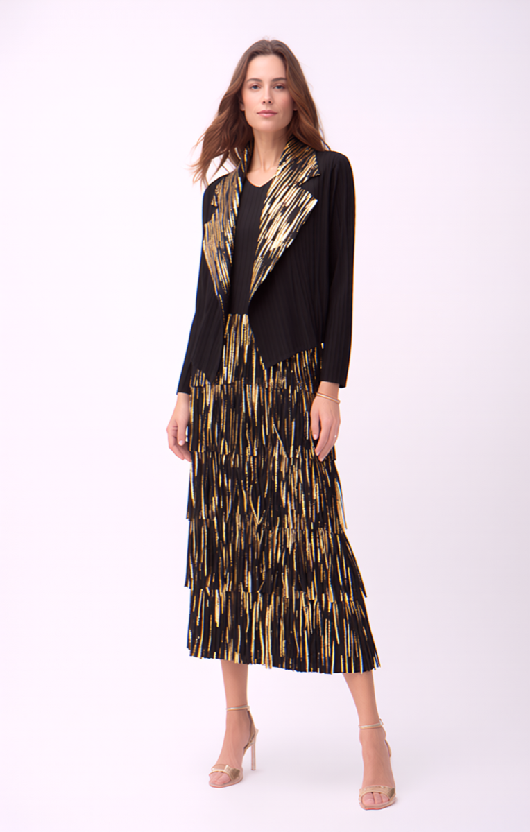 Pleating with fringe Dress set (Black/Gold)