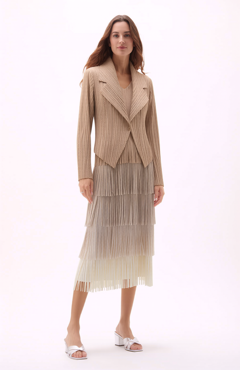 Pleating with fringe Dress set - Ombre effect (Beige)