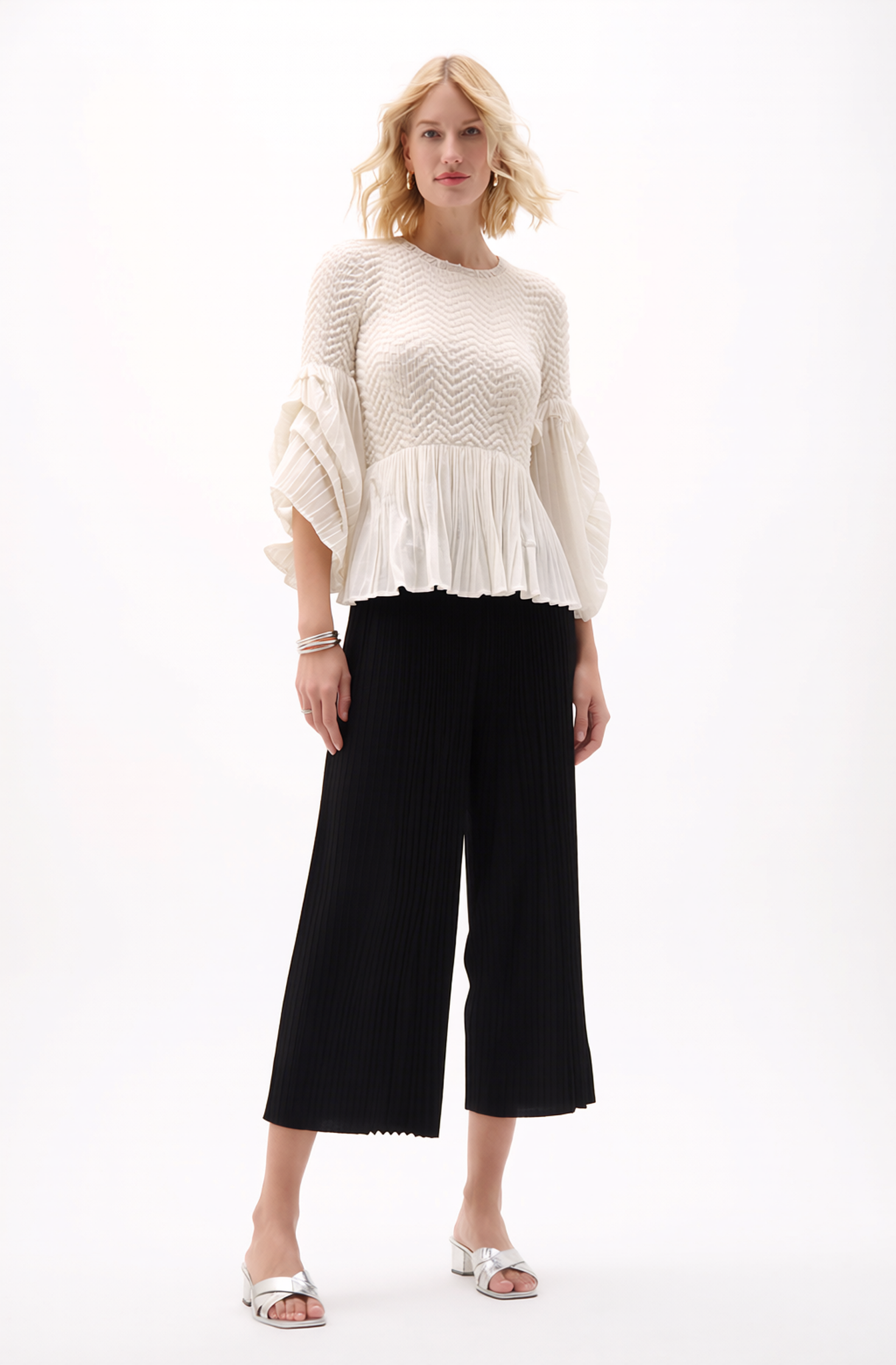 Pleated blouse top with flared sleeves & sweep (White)