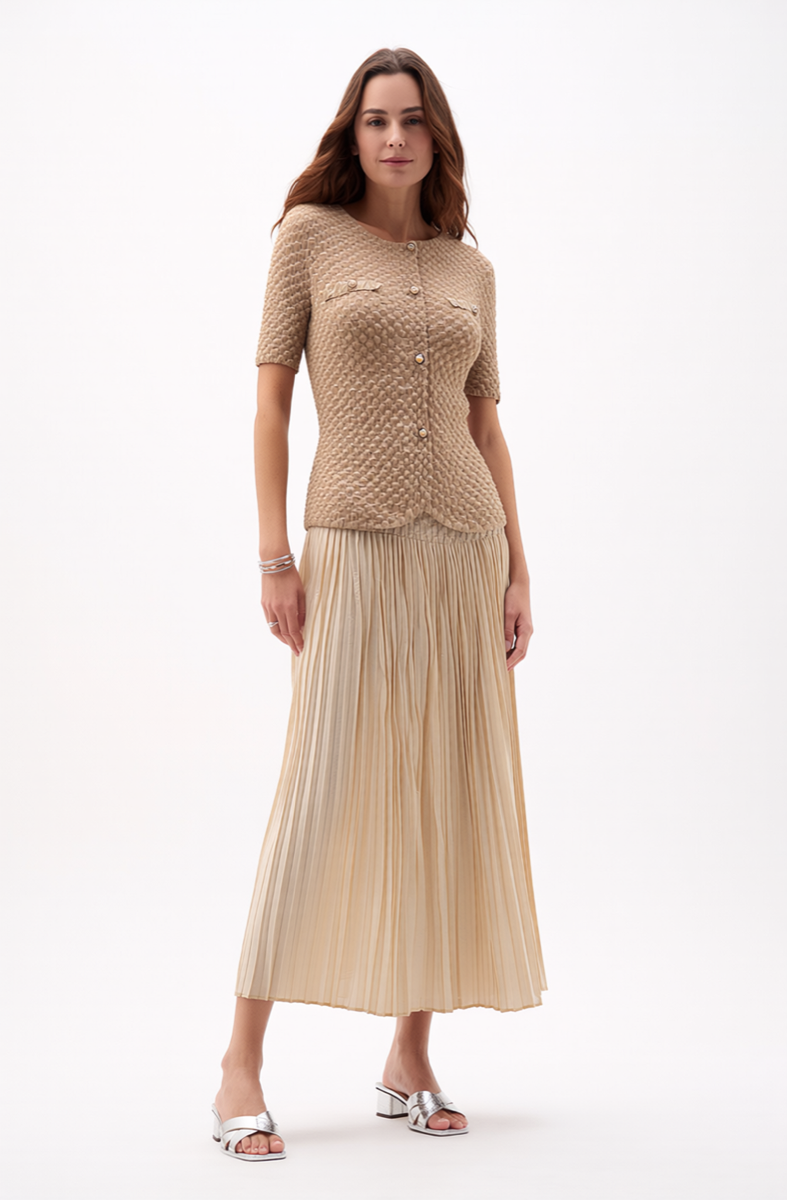 Pleated Chanel look mock jacket top with buttons (Apricot)