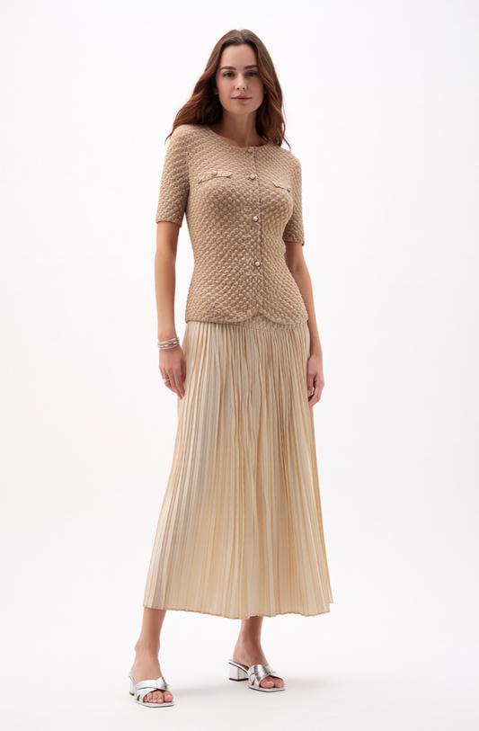 Pleated Chanel look mock jacket top with buttons (Apricot)