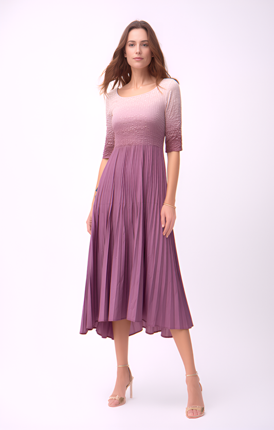 Pleated dress with 3/4 sleeves Ombre effect (Dusty Rose)