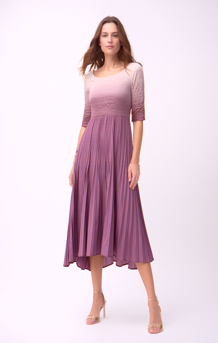 purple pleated dress Pleated dress with 3/4 sleeves Ombre effect (Dusty Rose)