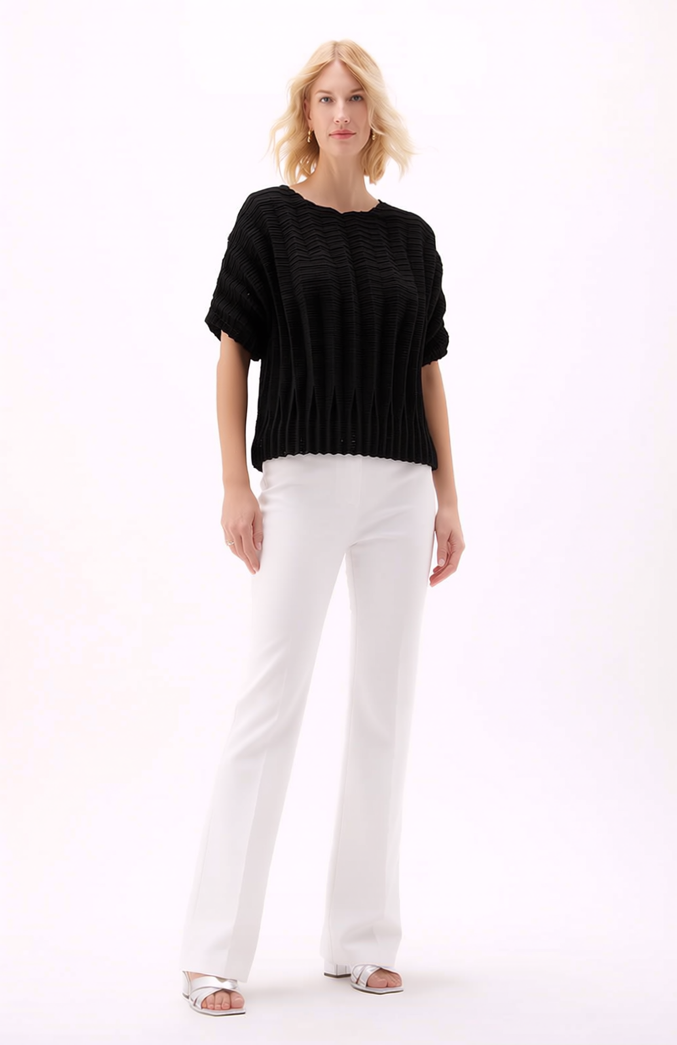 Pleating Short Sleeves Top- Dual Fold - Black