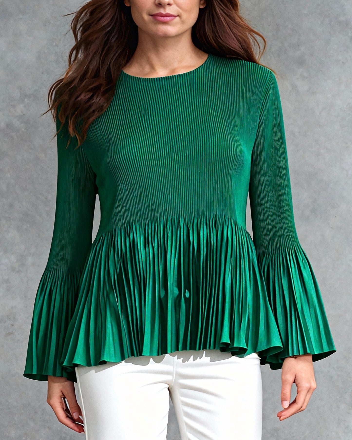 Pleating Long Sleeves Top- A Line Peplum ( Green )