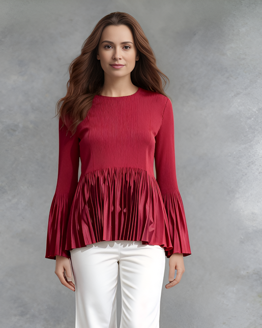 Pleating Long Sleeves Top- A Line Peplum (Red)