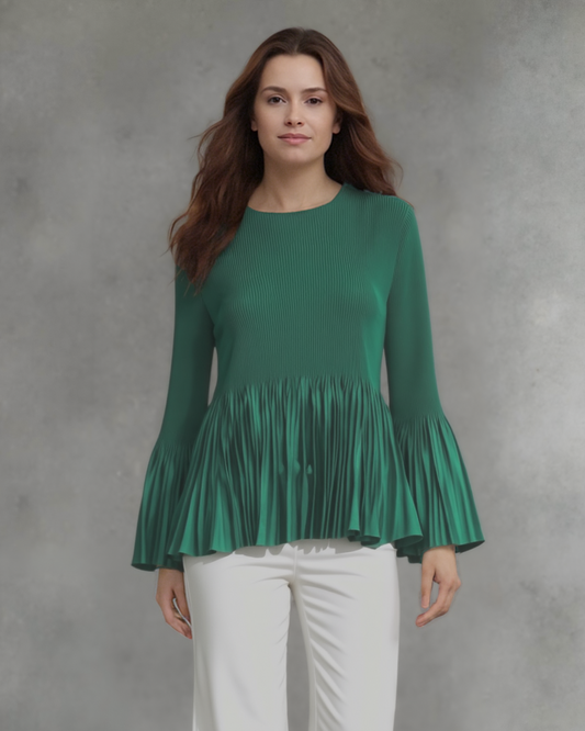 Pleating Long Sleeves Top- A Line Peplum ( Green )