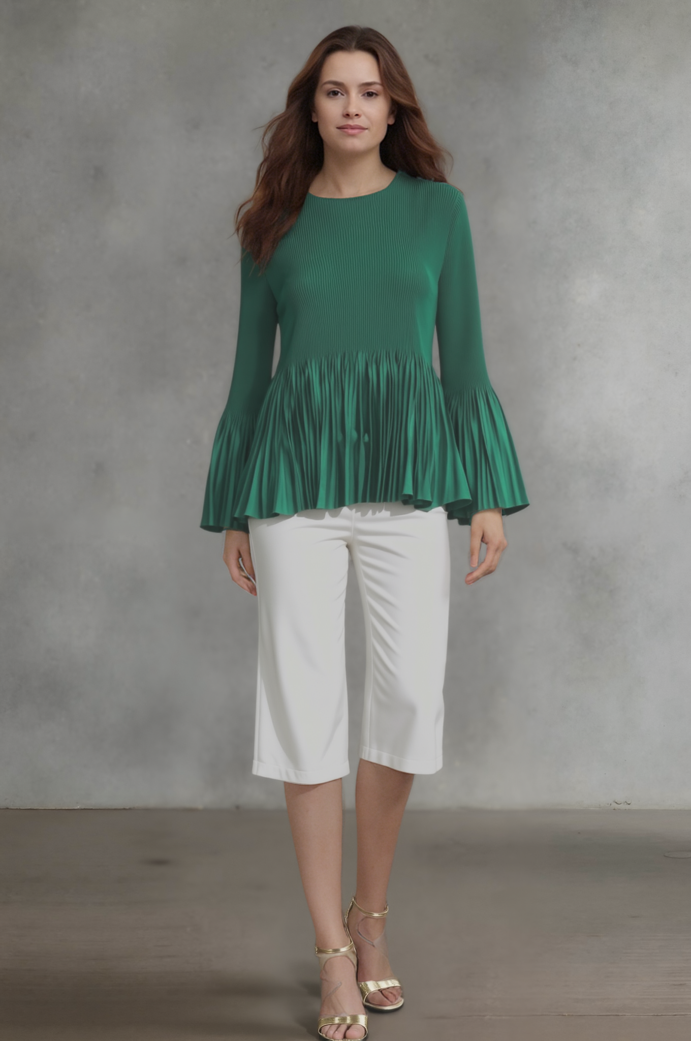 Pleating Long Sleeves Top- A Line Peplum ( Green )