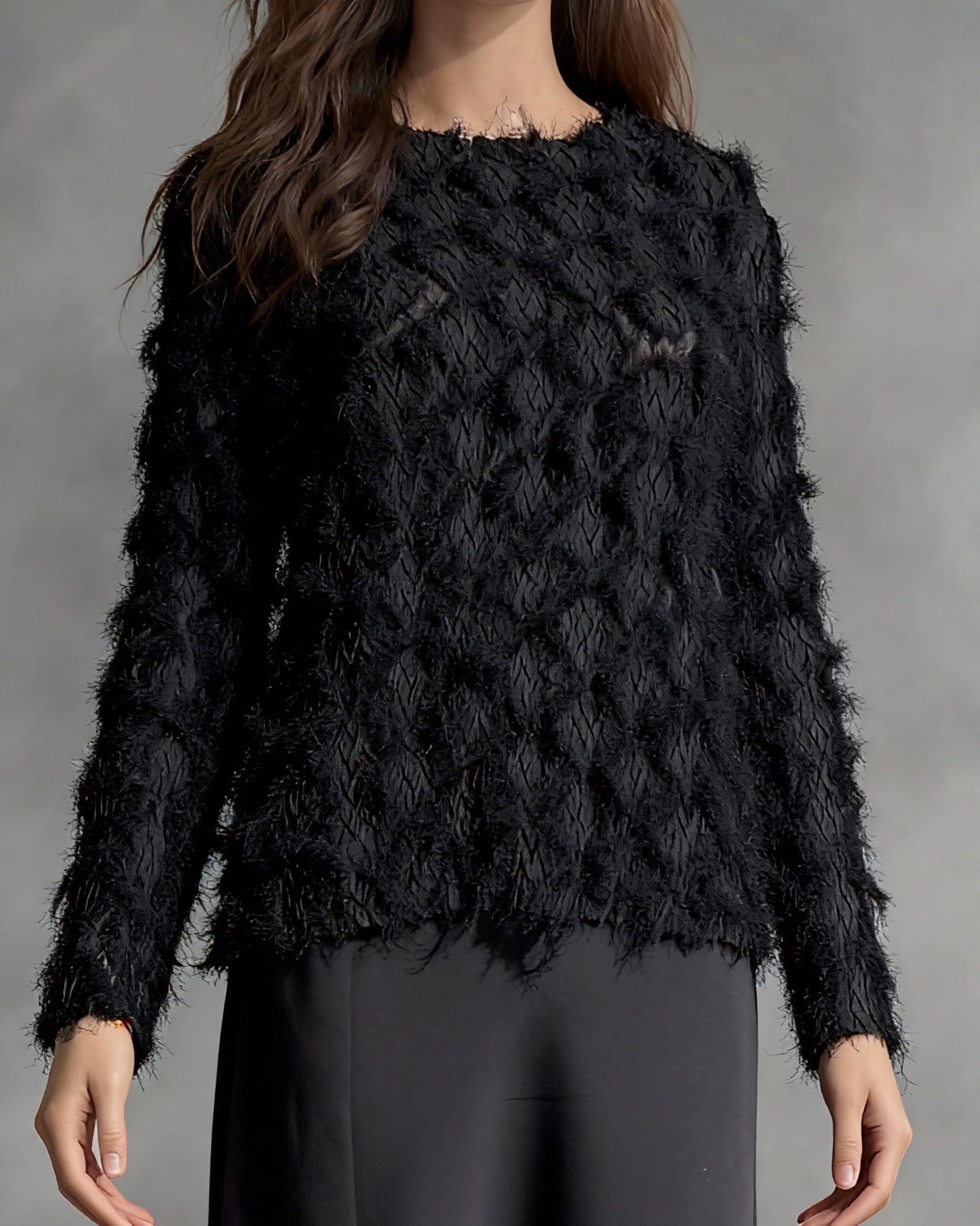 Pleating Long Sleeves Top- Cozy Fluffy (Black)