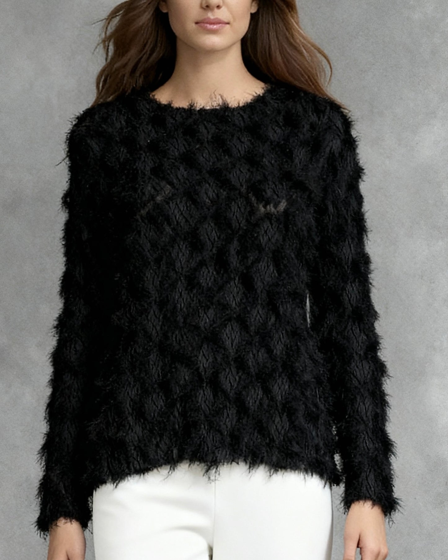 Pleating Long Sleeves Top- Cozy Fluffy (Black)