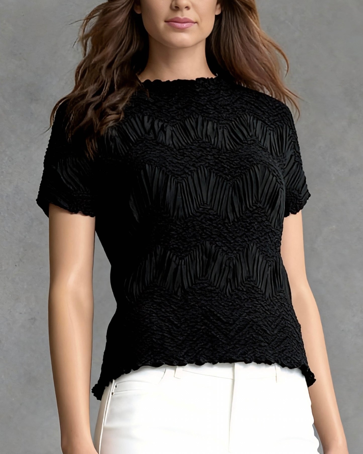 Pleating Short Sleeves Top- Crochet Wave - Black