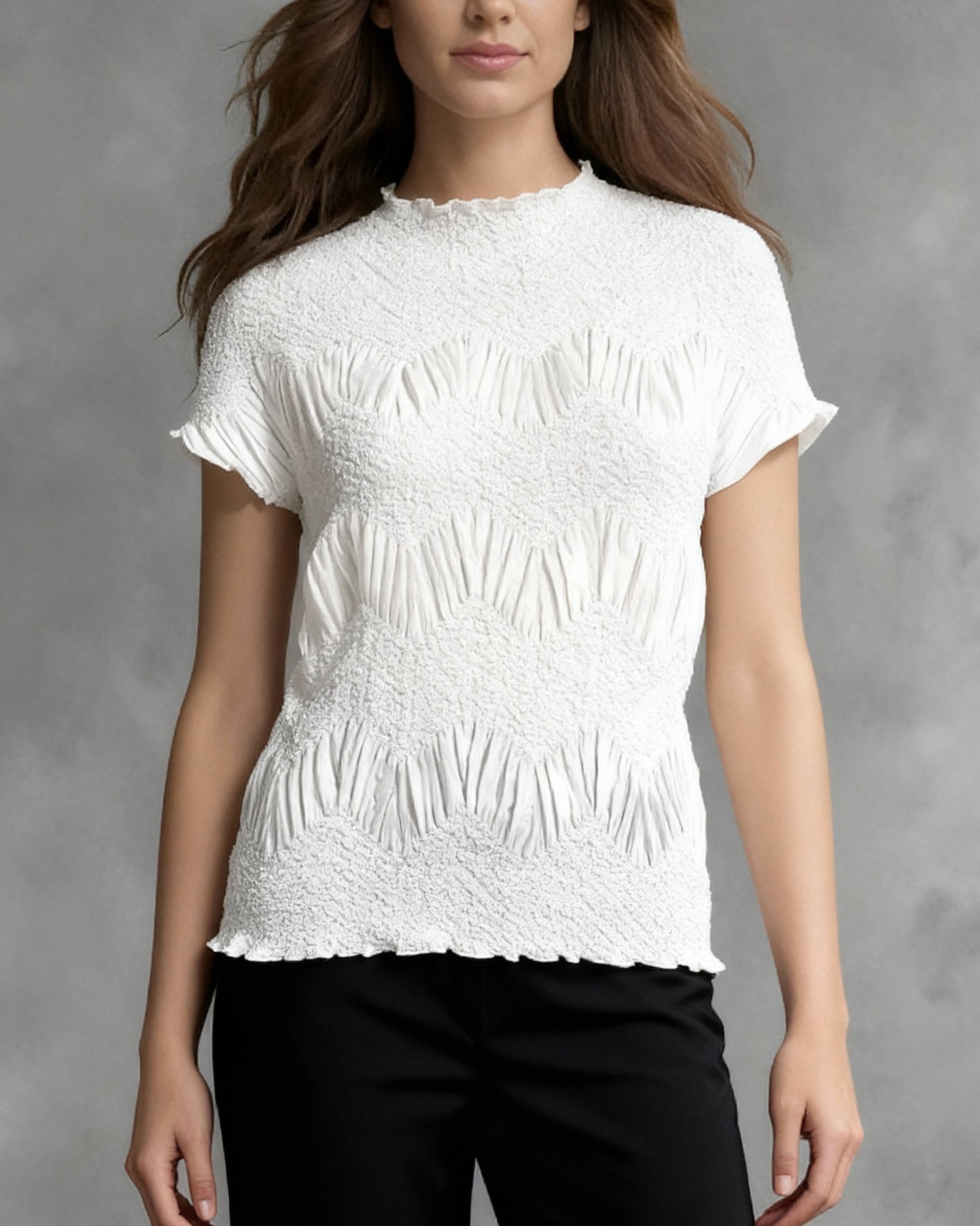 Pleating Short Sleeves Top- Crochet Wave - Black (White)
