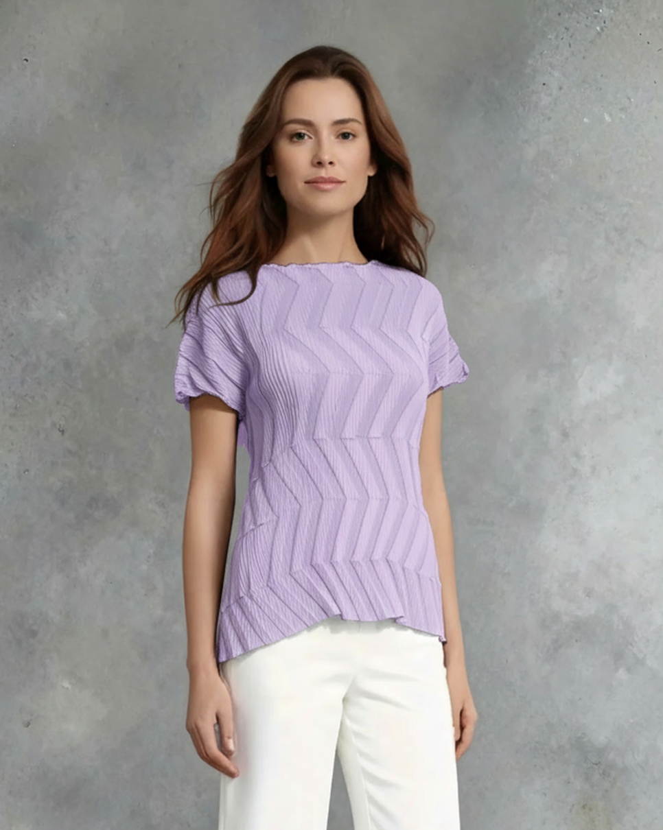 Pleating Short Sleeves Top- Chevron Ripple - Lilac