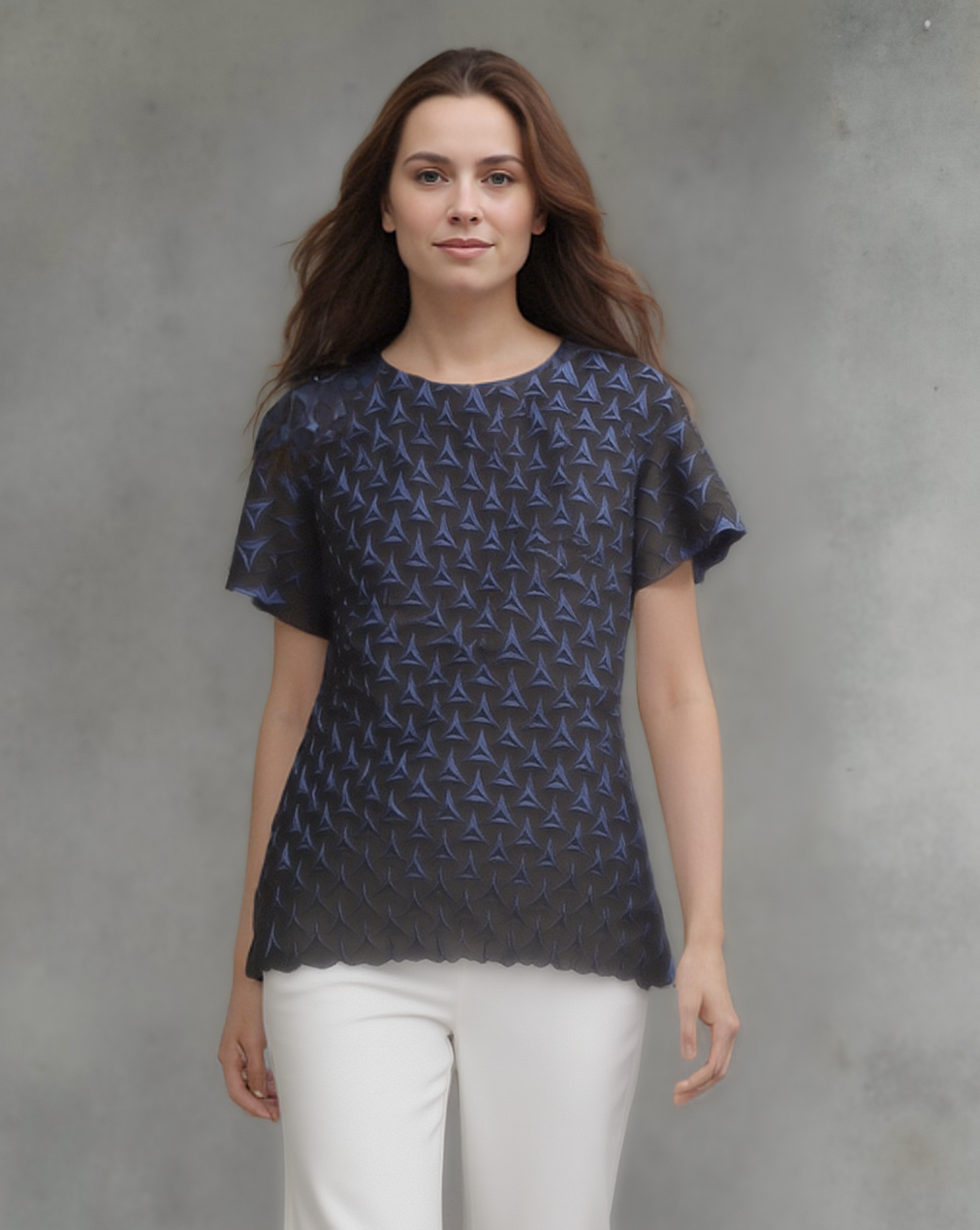 Pleating Short Sleeves Top- Shadow Tri (Blue)