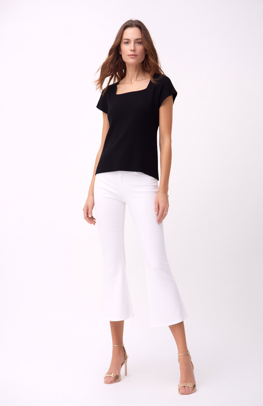 Pleating Short Sleeves Top- Soft Square - Black