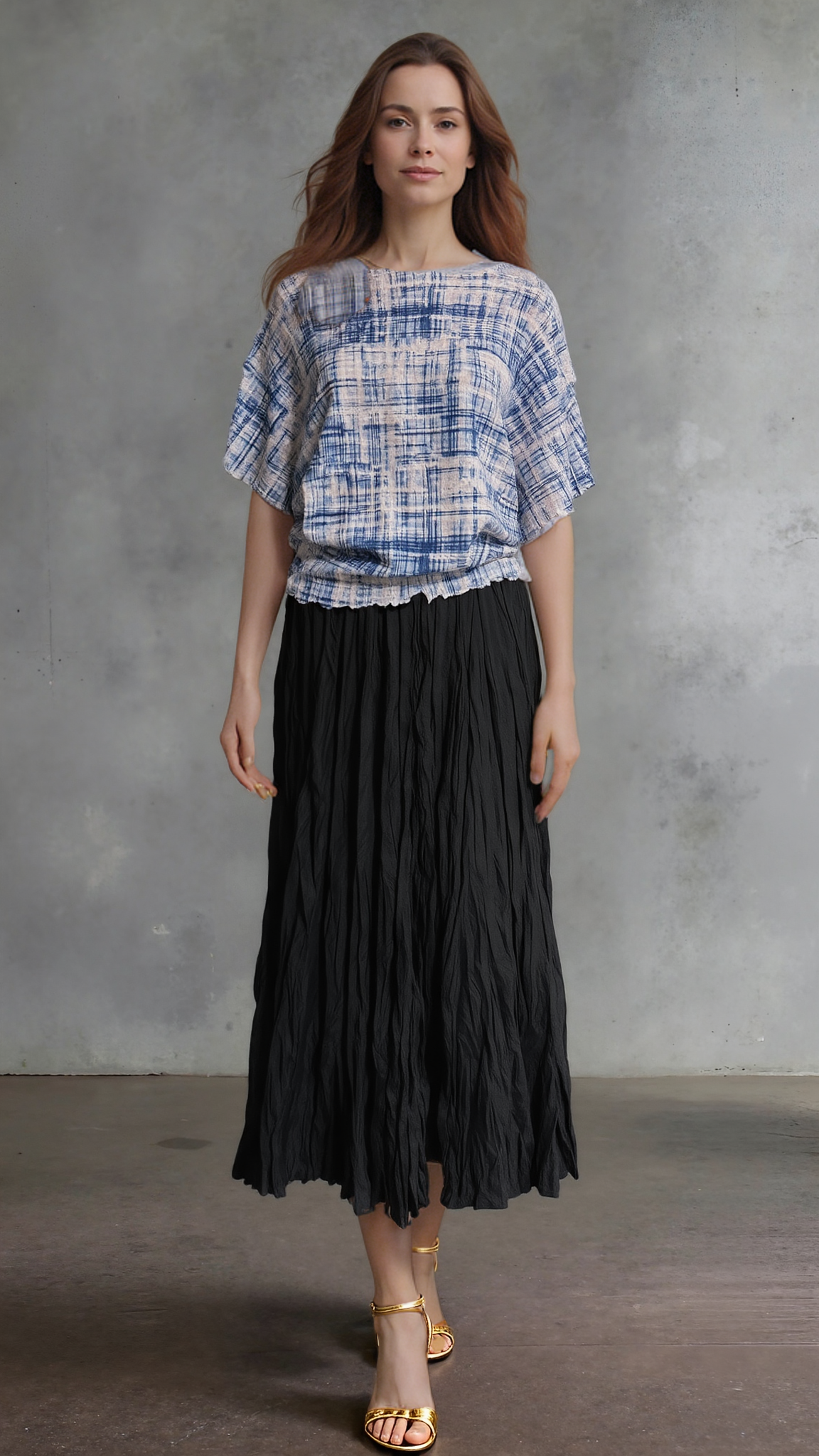 Pleating short Sleeves Top- Urban Grid (Grey)