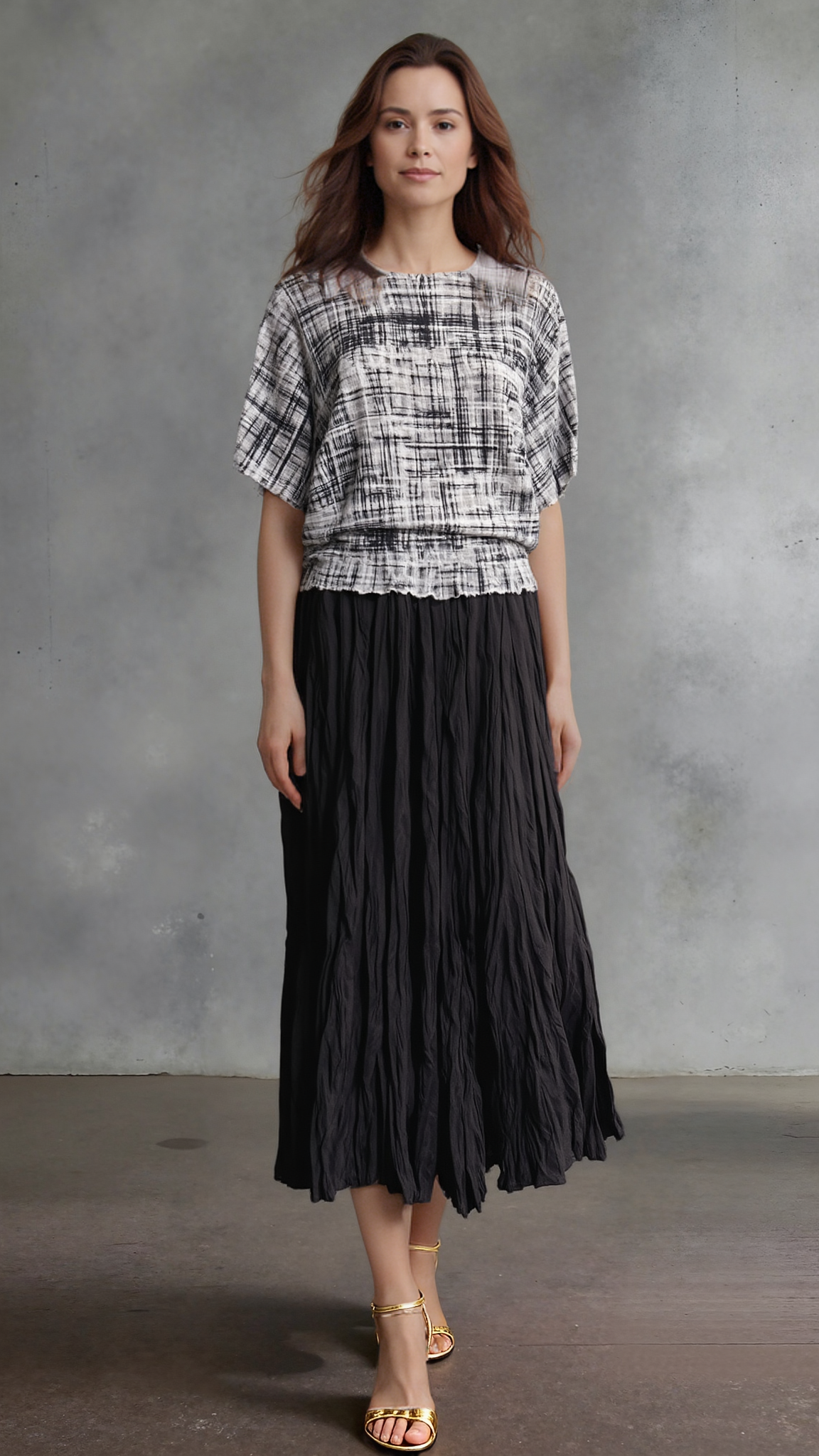 Pleating short Sleeves Top- Urban Grid (Grey)